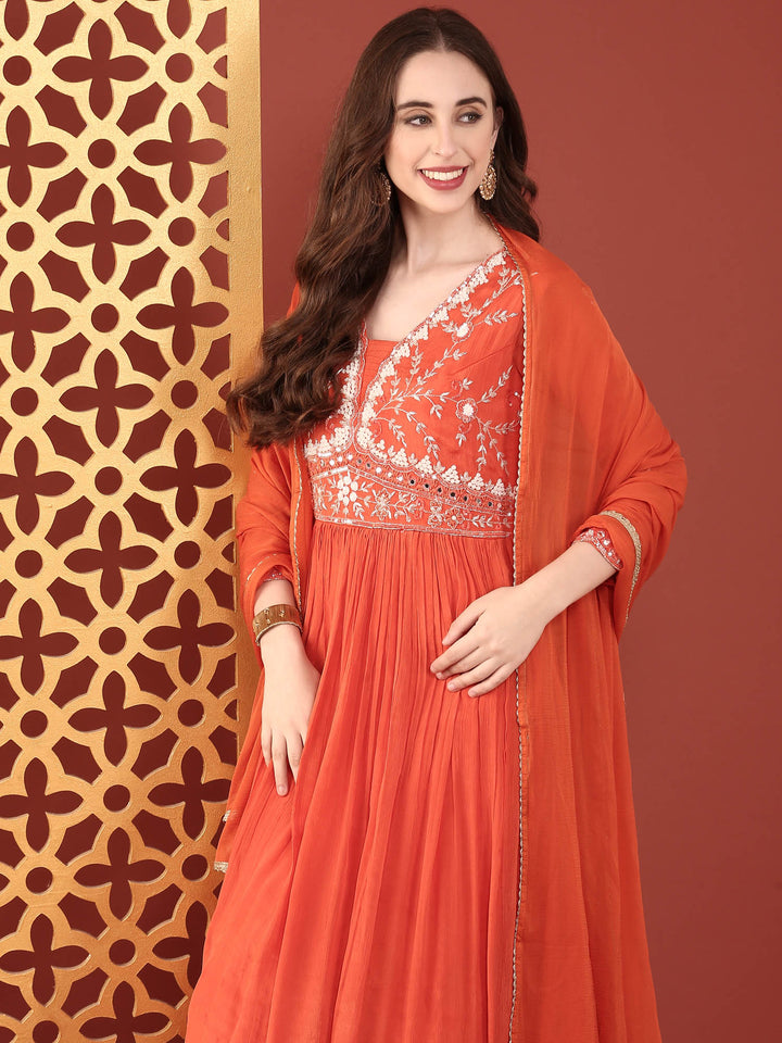 Orange Organza Floral Hand Embroidered Anarkali Set