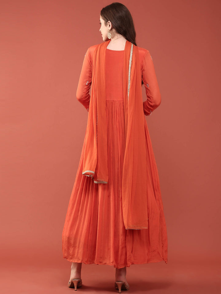 Orange Organza Floral Hand Embroidered Anarkali Set