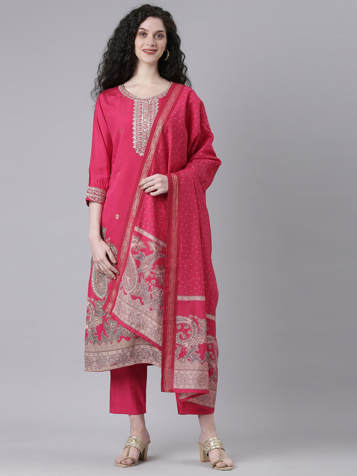 Neerus Pink Printed Straight Kurta and Trousers With Dupatta