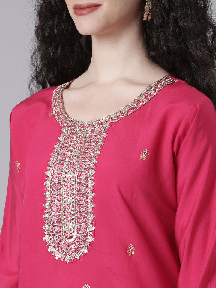 Neerus Pink Printed Straight Kurta and Trousers With Dupatta