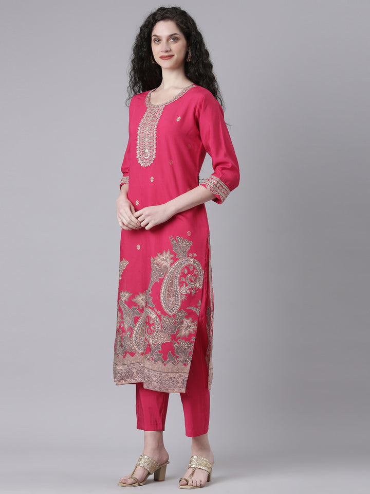 Neerus Pink Printed Straight Kurta and Trousers With Dupatta