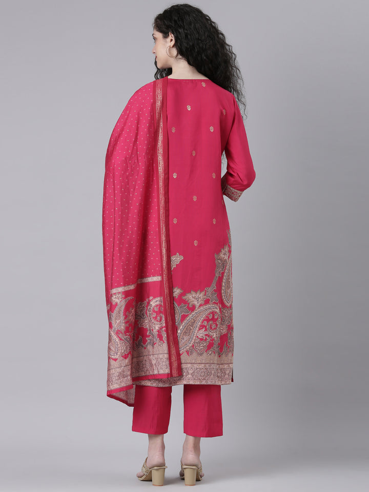 Neerus Pink Printed Straight Kurta and Trousers With Dupatta