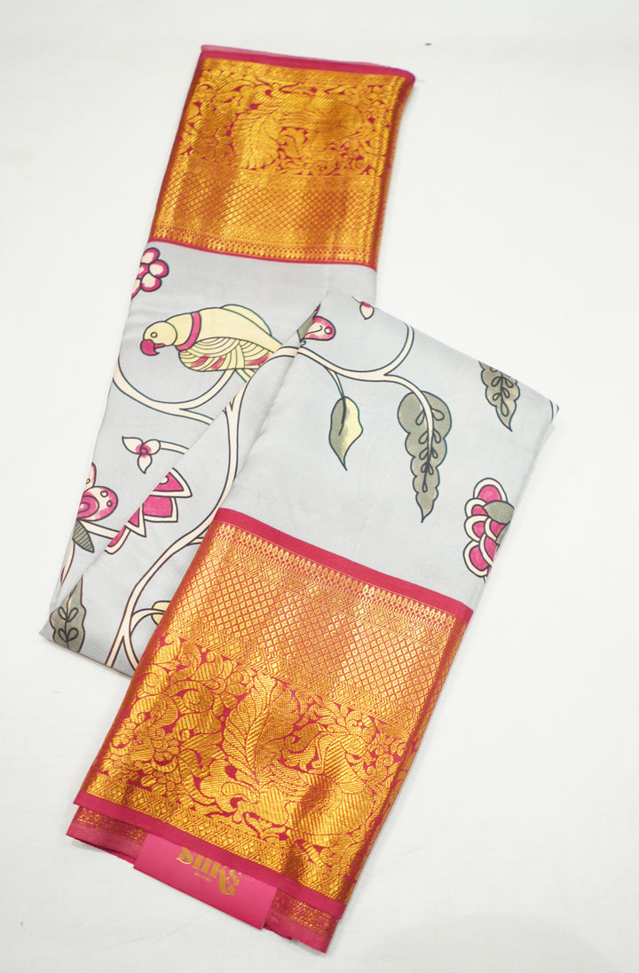 Grey Kanchi Handloom Saree With Kalamkari Design