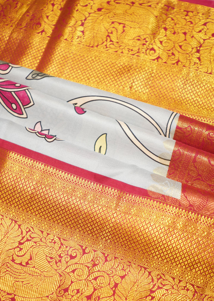 Grey Kanchi Handloom Saree With Kalamkari Design