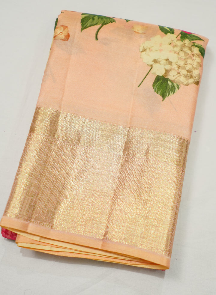 Peach Kanchi Handloom Saree With Digital Print
