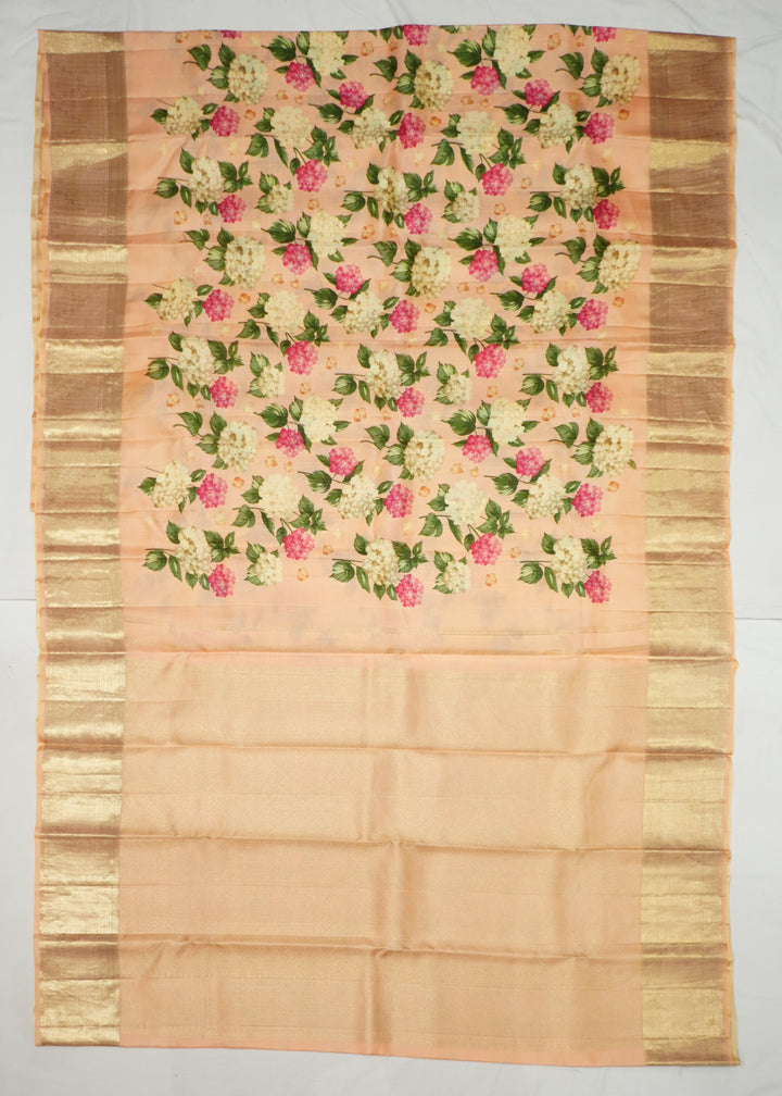 Peach Kanchi Handloom Saree With Digital Print