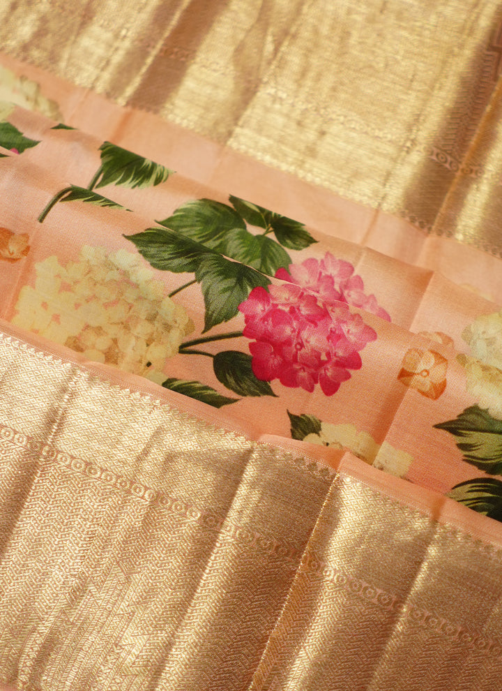 Peach Kanchi Handloom Saree With Digital Print