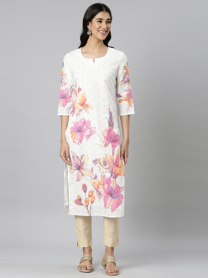 Neerus White Casual Floral Straight Kurtas
