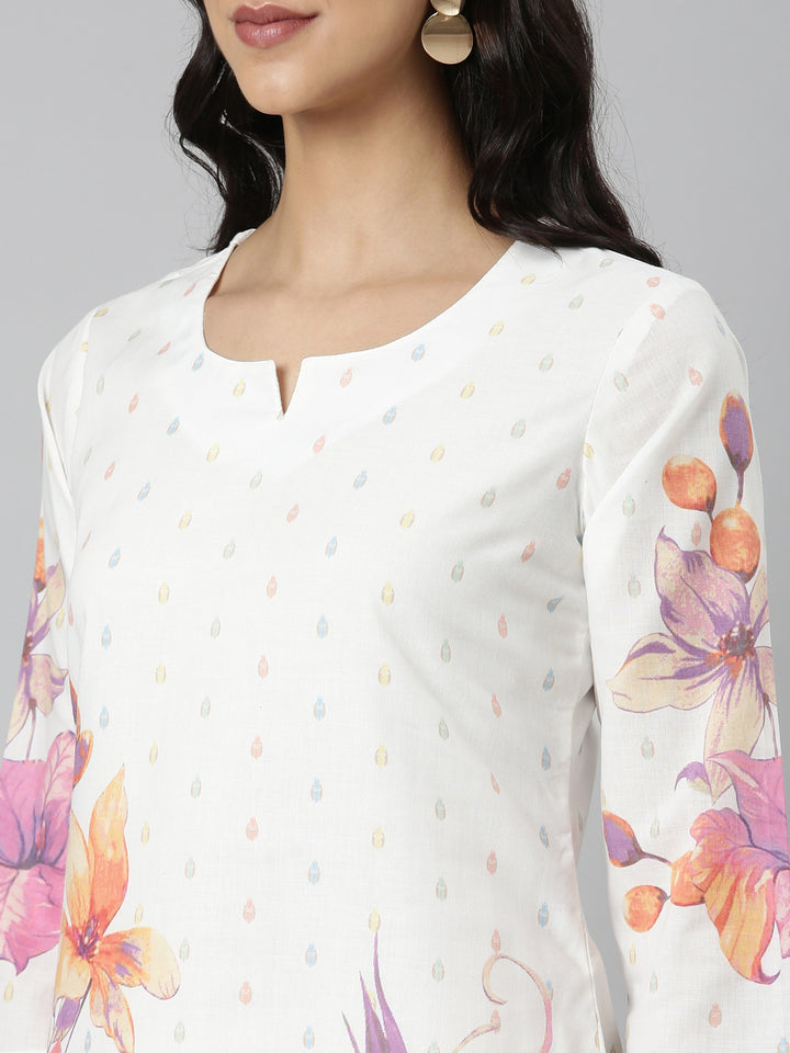 Neerus White Casual Floral Straight Kurtas