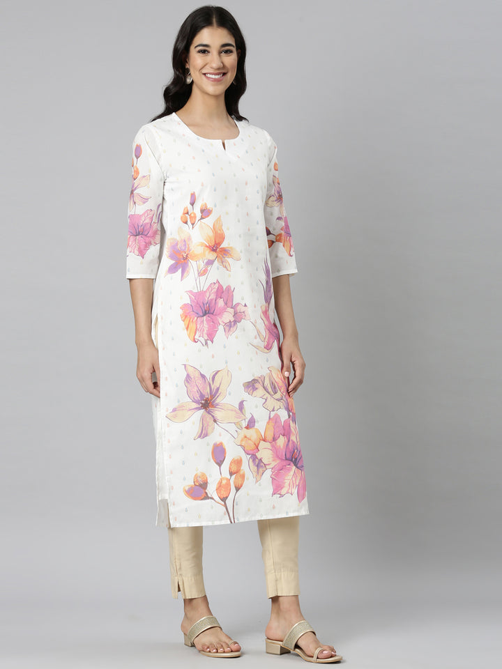 Neerus White Casual Floral Straight Kurtas