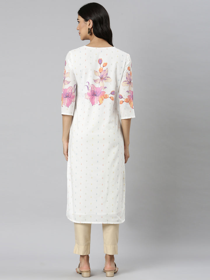 Neerus White Casual Floral Straight Kurtas