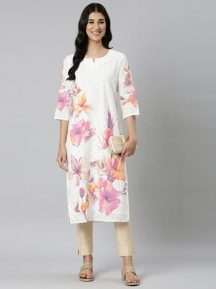 Neerus White Casual Floral Straight Kurtas