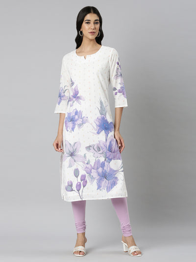 Neerus White Casual Floral Straight Kurtas