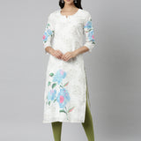 Neerus White Casual Floral Straight Kurtas