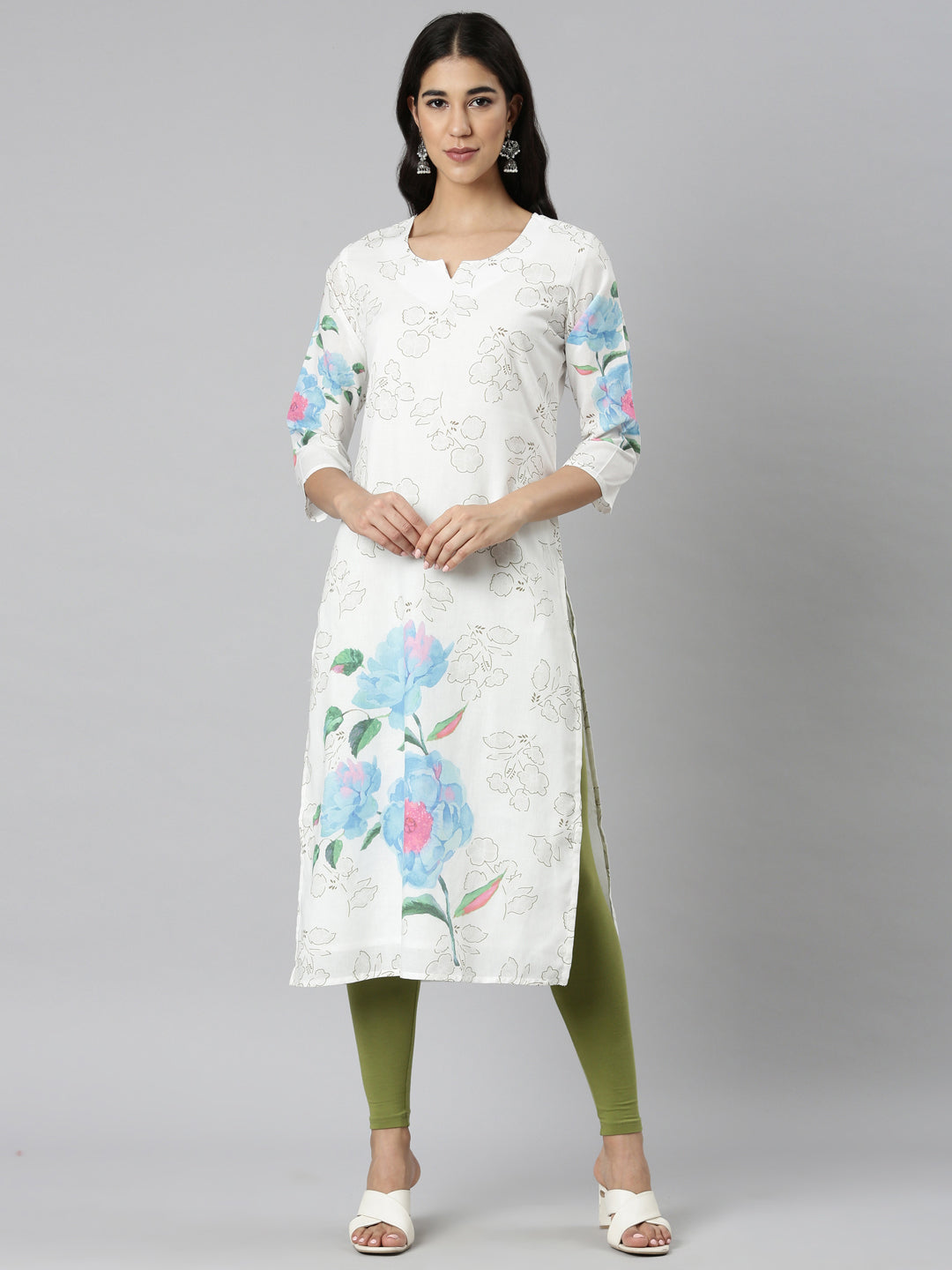 Neerus White Casual Floral Straight Kurtas