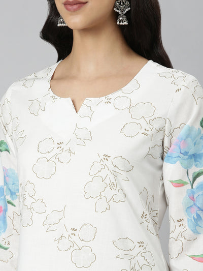 Neerus White Casual Floral Straight Kurtas