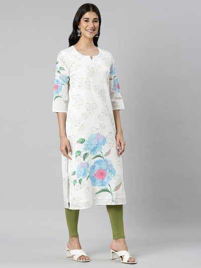 Neerus White Casual Floral Straight Kurtas