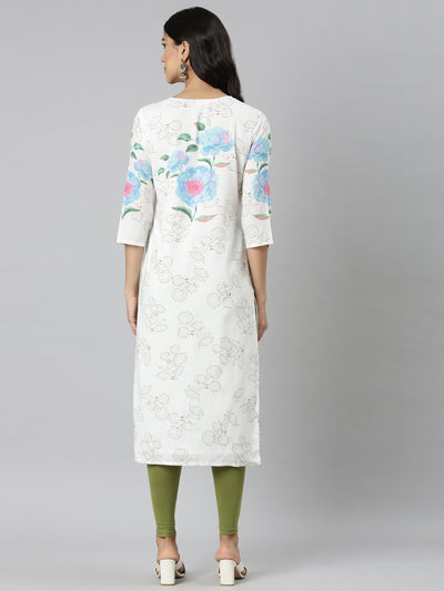 Neerus White Casual Floral Straight Kurtas