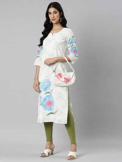 Neerus White Casual Floral Straight Kurtas