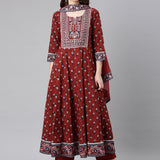 Neerus Maroon Printed Anarkali Kurta and Trousers With Dupatta