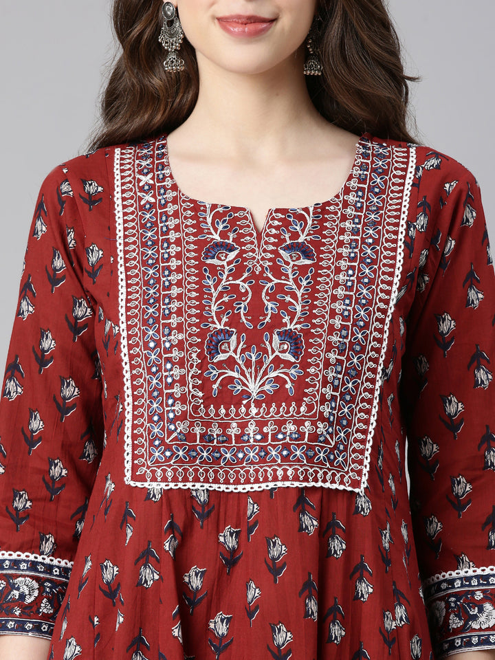 Neerus Maroon Printed Anarkali Kurta and Trousers With Dupatta