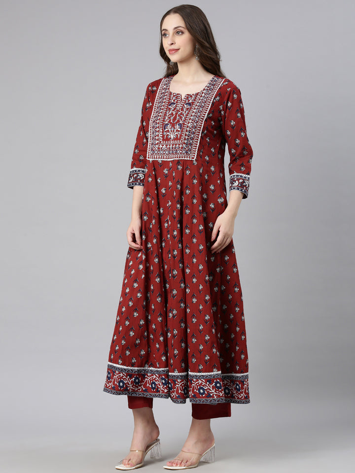 Neerus Maroon Printed Anarkali Kurta and Trousers With Dupatta