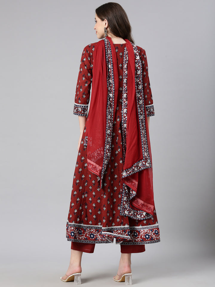 Neerus Maroon Printed Anarkali Kurta and Trousers With Dupatta