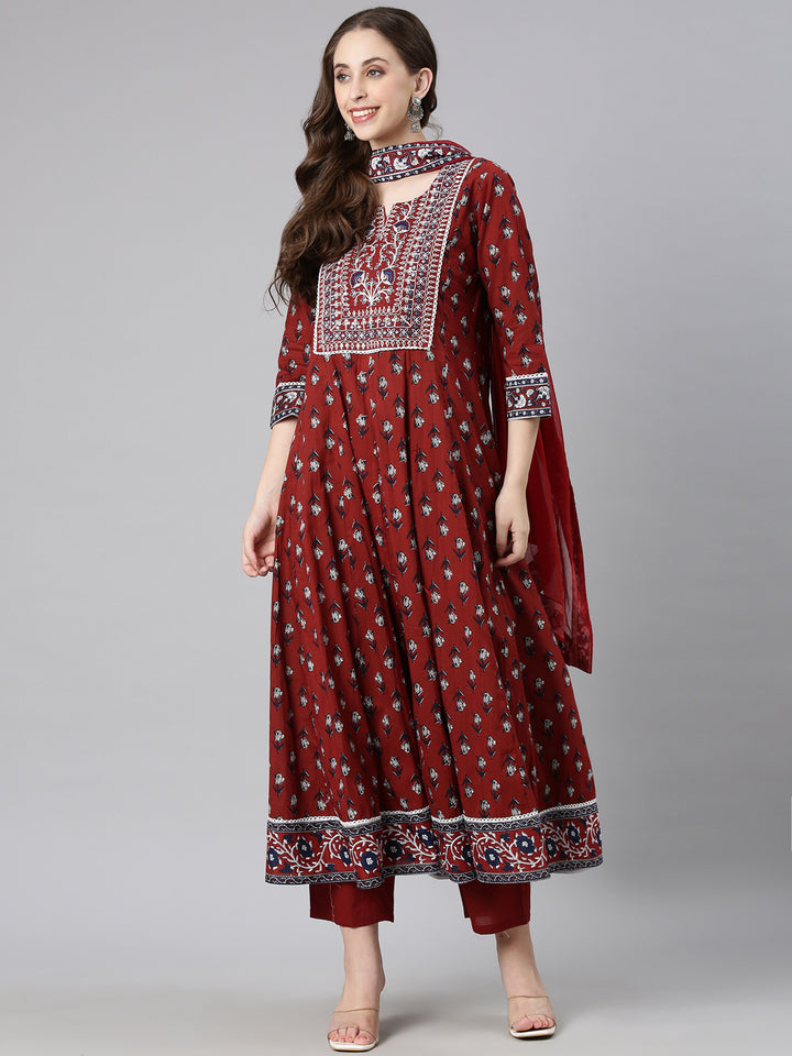 Neerus Maroon Printed Anarkali Kurta and Trousers With Dupatta