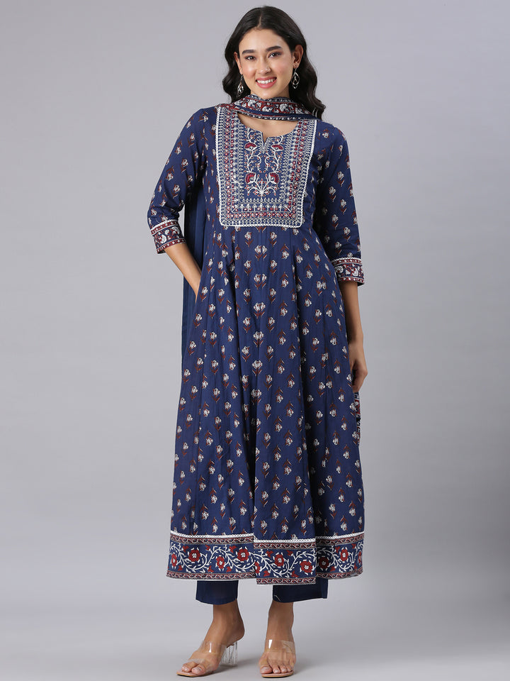 Neerus Navy Blue Printed Anarkali Kurta And Trousers With Dupatta