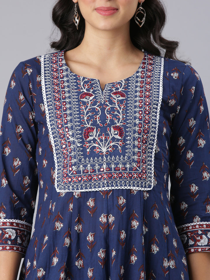 Neerus Navy Blue Printed Anarkali Kurta And Trousers With Dupatta