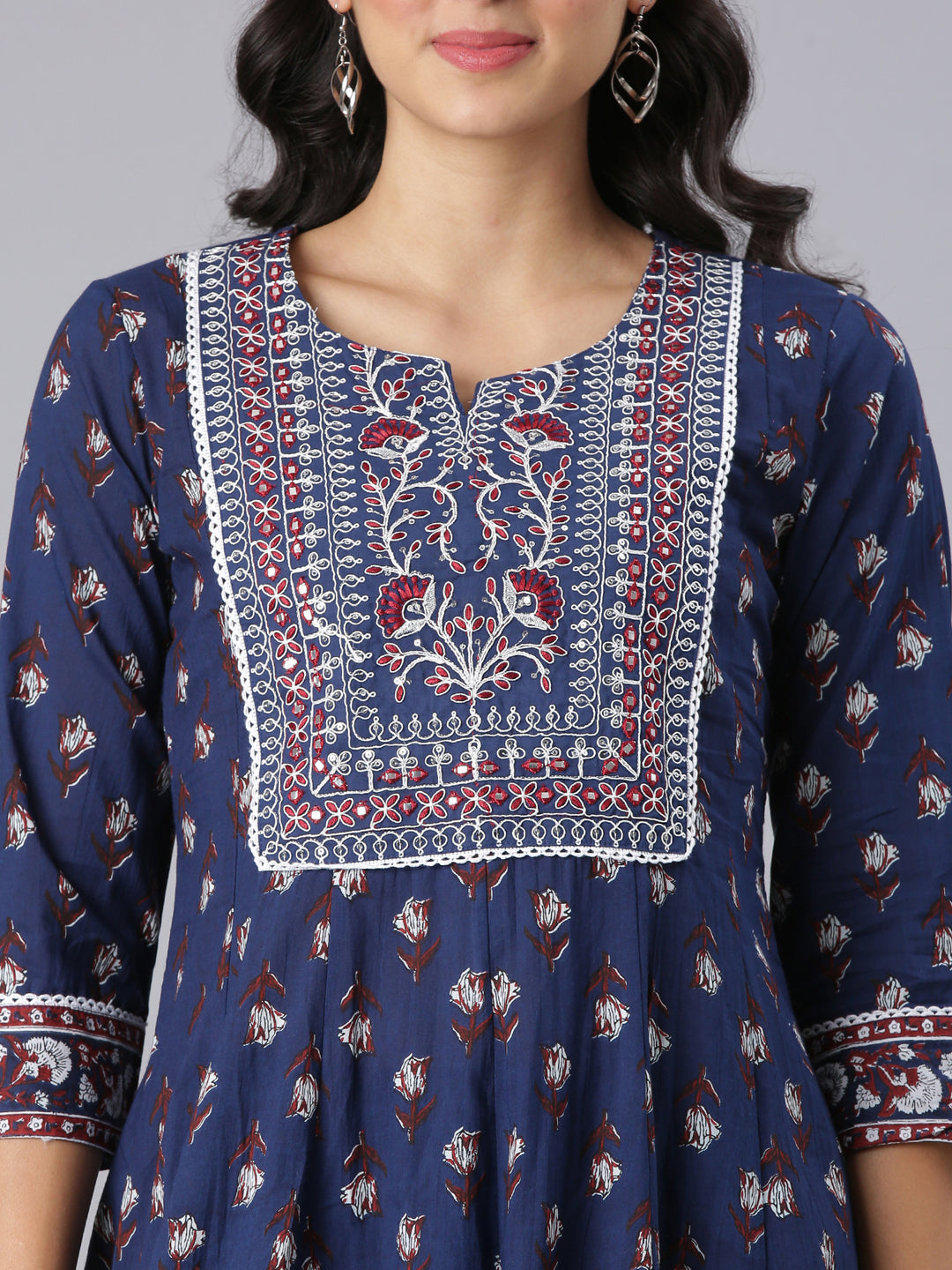 Neerus Navy Blue Printed Anarkali Kurta And Trousers With Dupatta