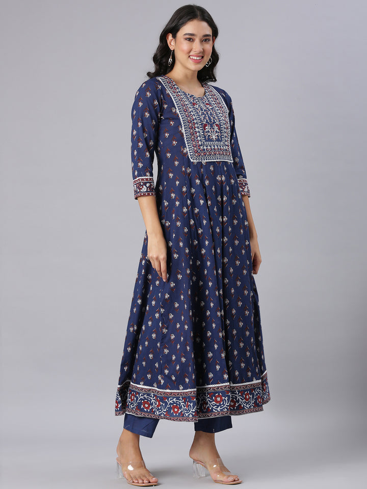 Neerus Navy Blue Printed Anarkali Kurta And Trousers With Dupatta