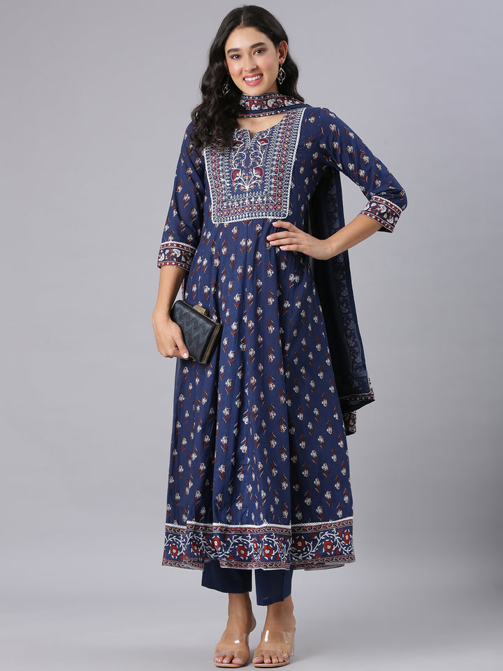 Neerus Navy Blue Printed Anarkali Kurta And Trousers With Dupatta