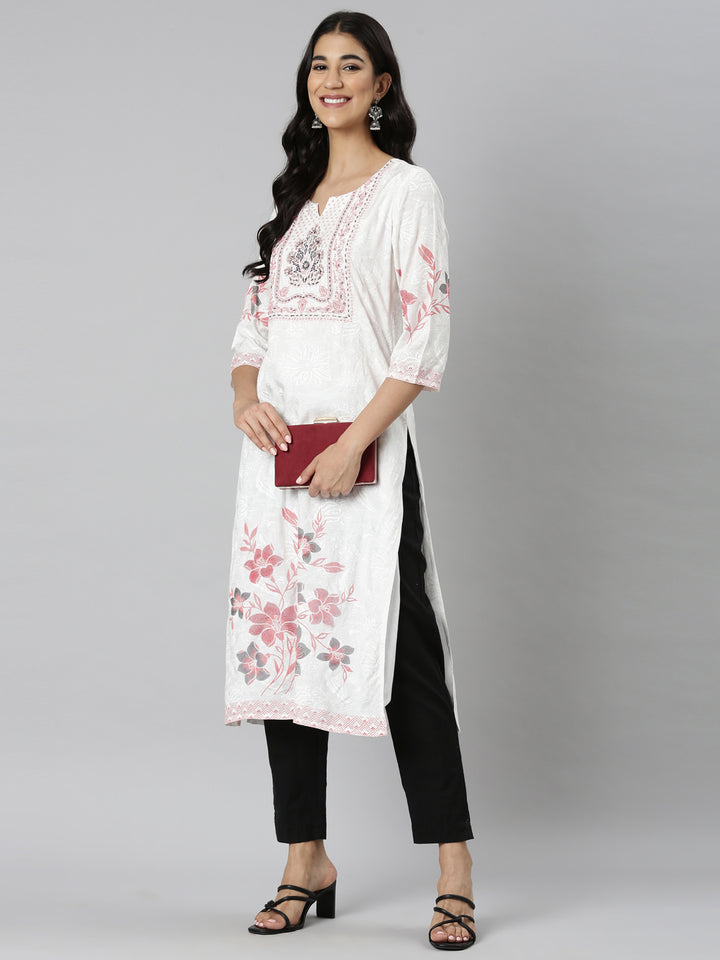 Neerus Orange Casual Floral Straight Kurtas