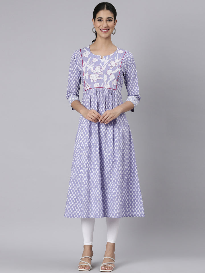 Neerus Lavender Casual Floral Straight Kurtas