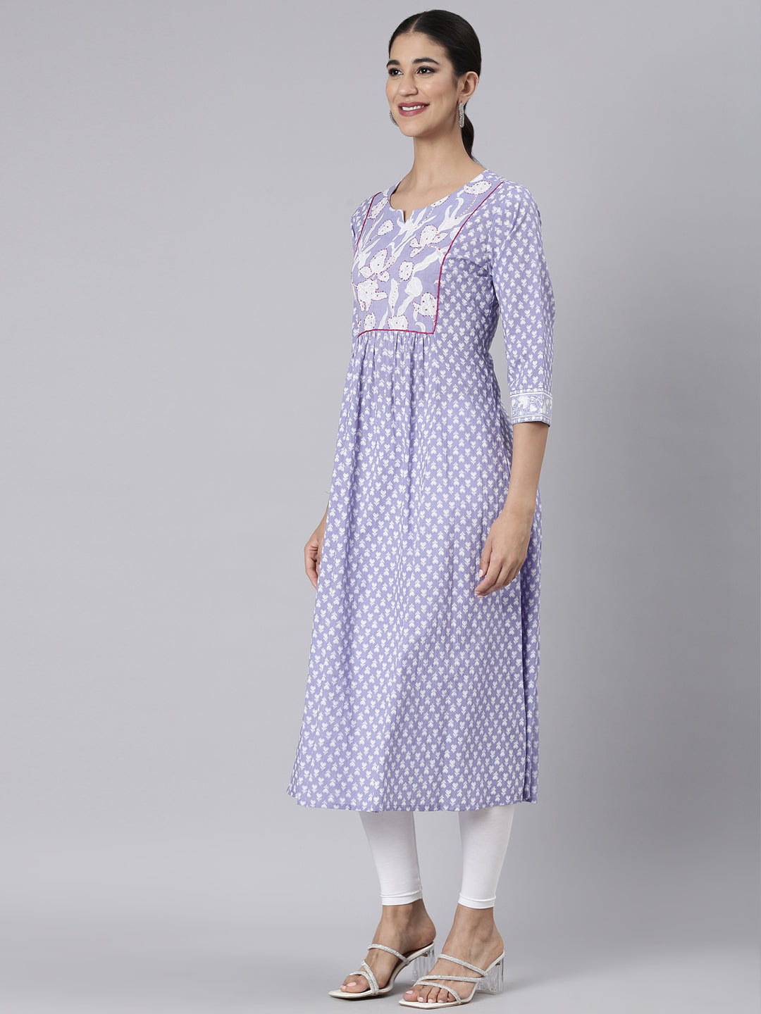 Neerus Lavender Casual Floral Straight Kurtas