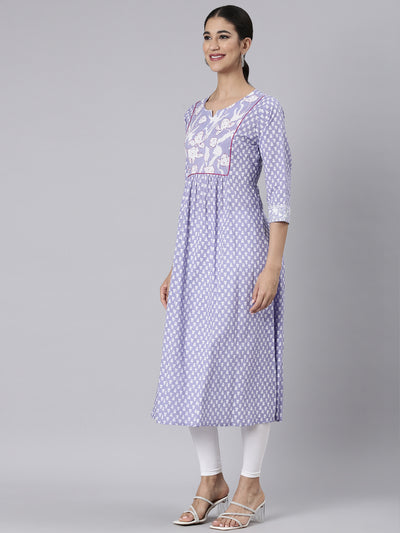 Neerus Lavender Casual Floral Straight Kurtas