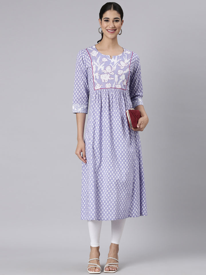 Neerus Lavender Casual Floral Straight Kurtas