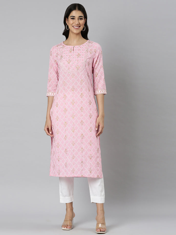Neerus Pink Casual Floral Straight Kurtas