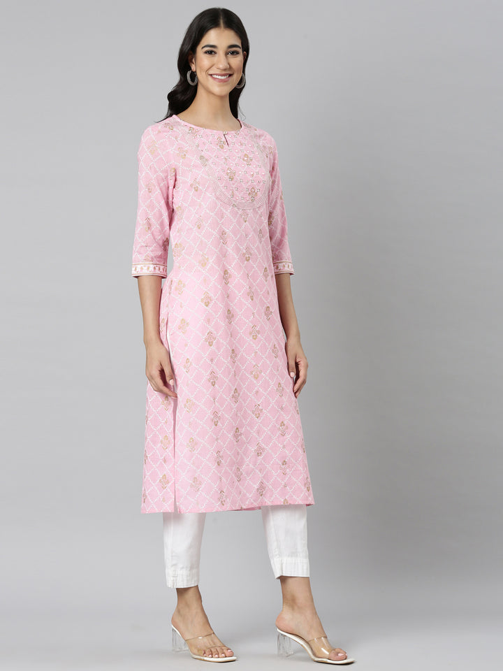 Neerus Pink Casual Floral Straight Kurtas