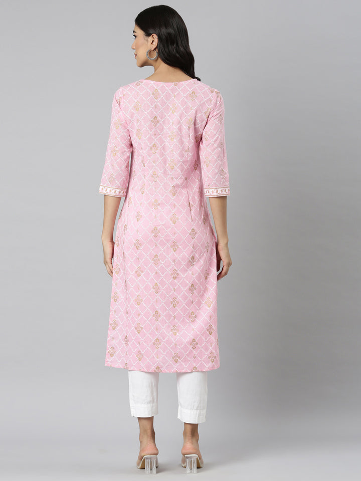 Neerus Pink Casual Floral Straight Kurtas
