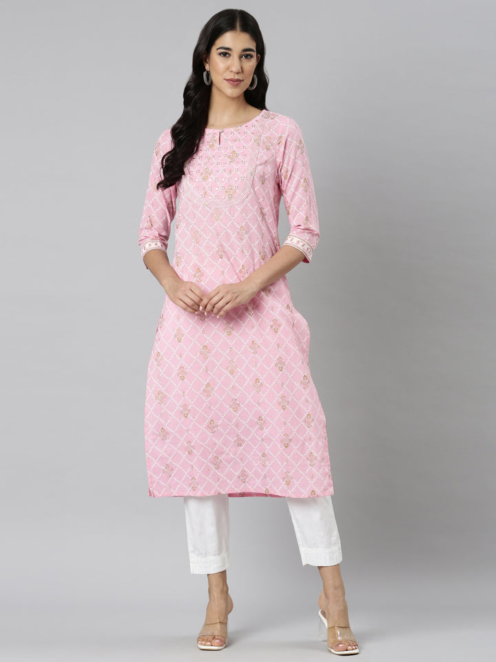 Neerus Pink Casual Floral Straight Kurtas