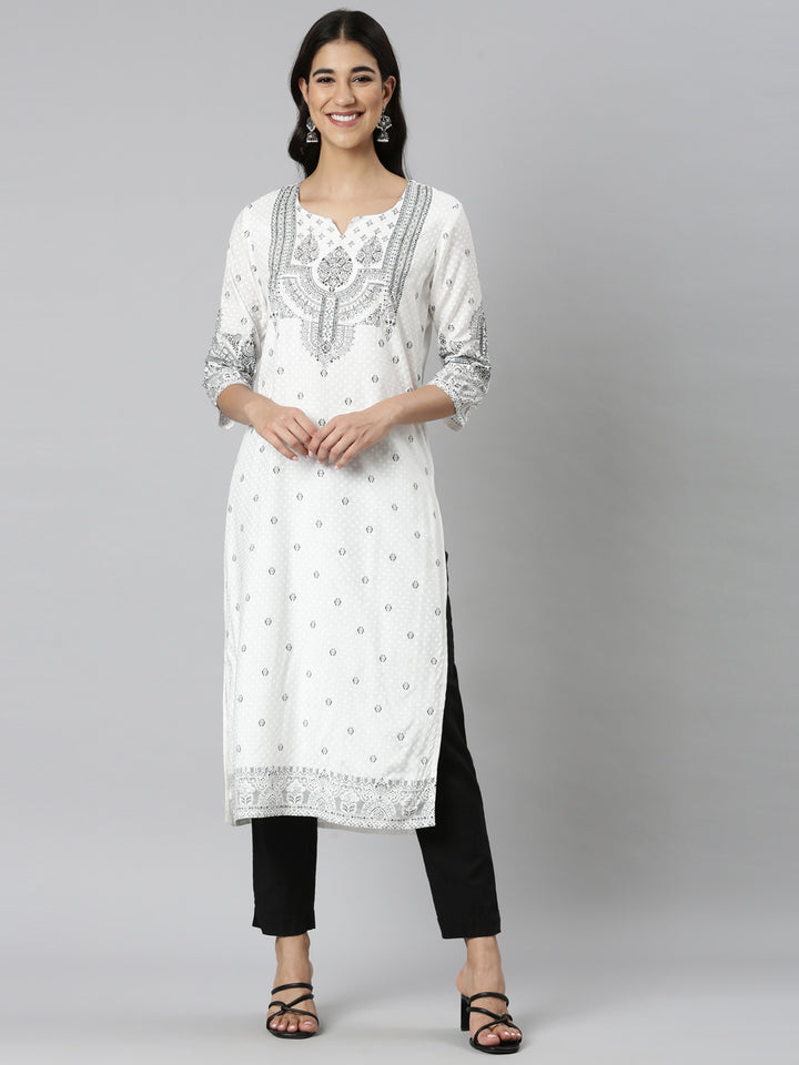 Neerus Black Casual Floral Straight Kurtas
