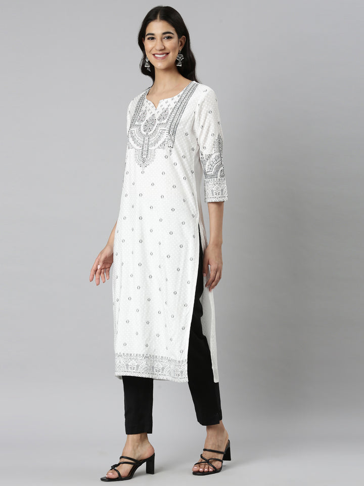 Neerus Black Casual Floral Straight Kurtas