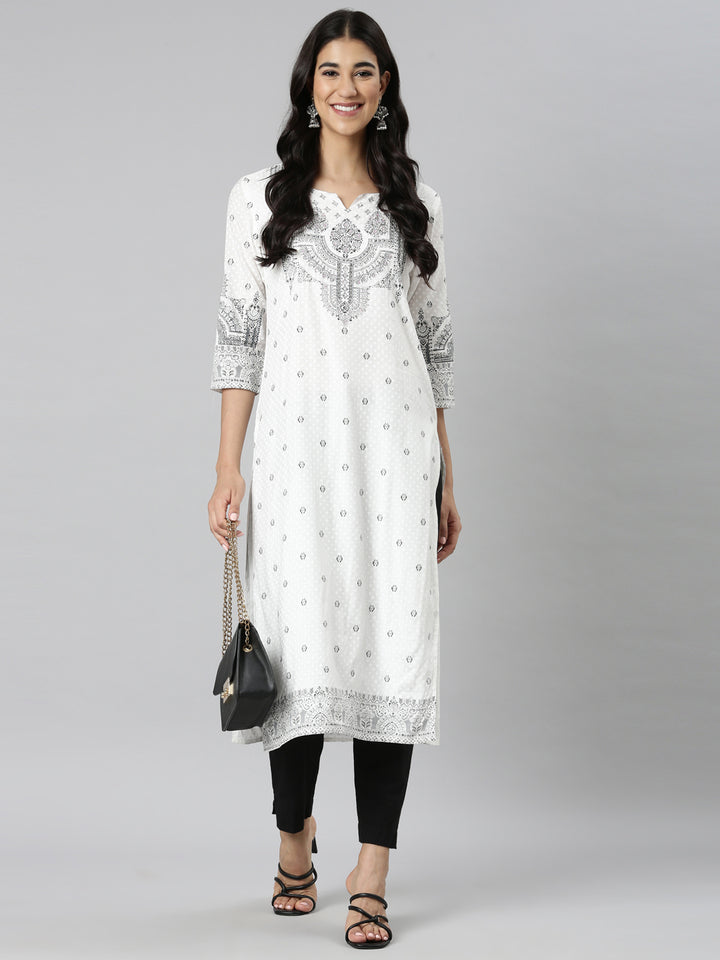 Neerus Black Casual Floral Straight Kurtas