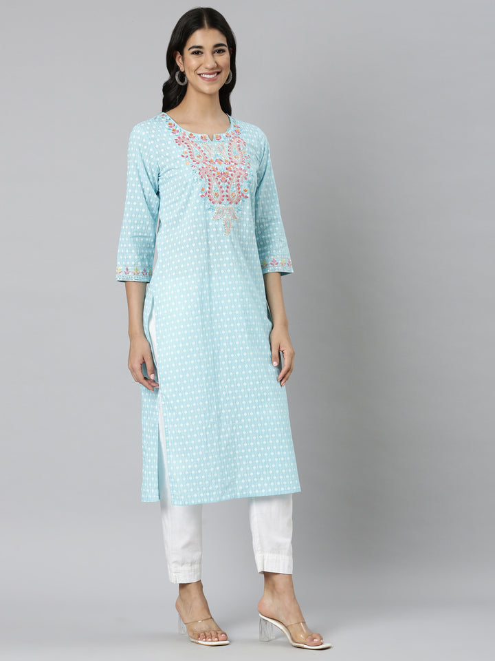 Neerus Blue Casual Ethnic Motifs Straight Kurtas