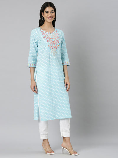 Neerus Blue Casual Ethnic Motifs Straight Kurtas
