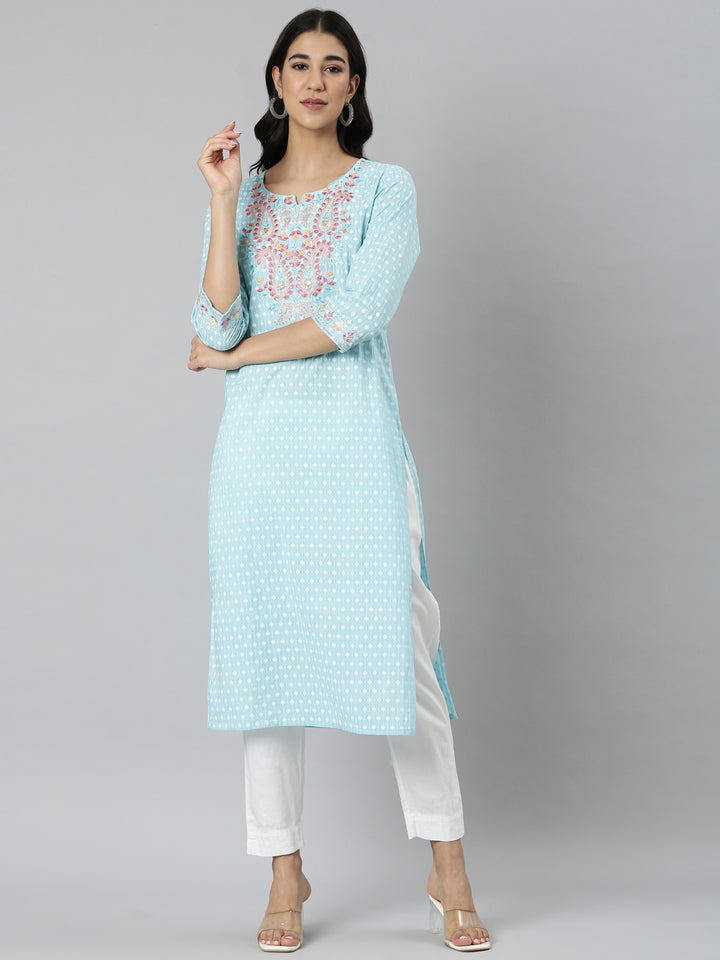 Neerus Blue Casual Ethnic Motifs Straight Kurtas