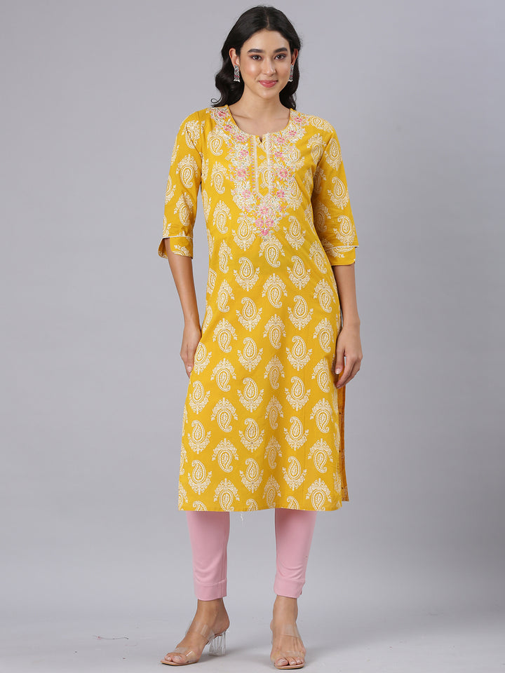 Neerus Mustard Straight Casual Paisley Kurtas