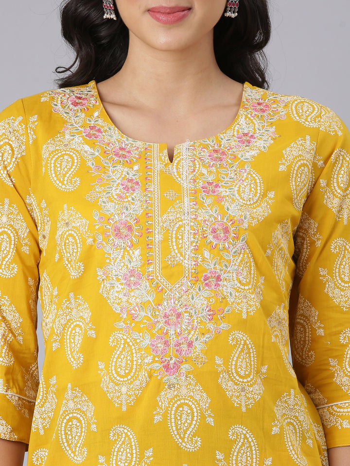 Neerus Mustard Straight Casual Paisley Kurtas